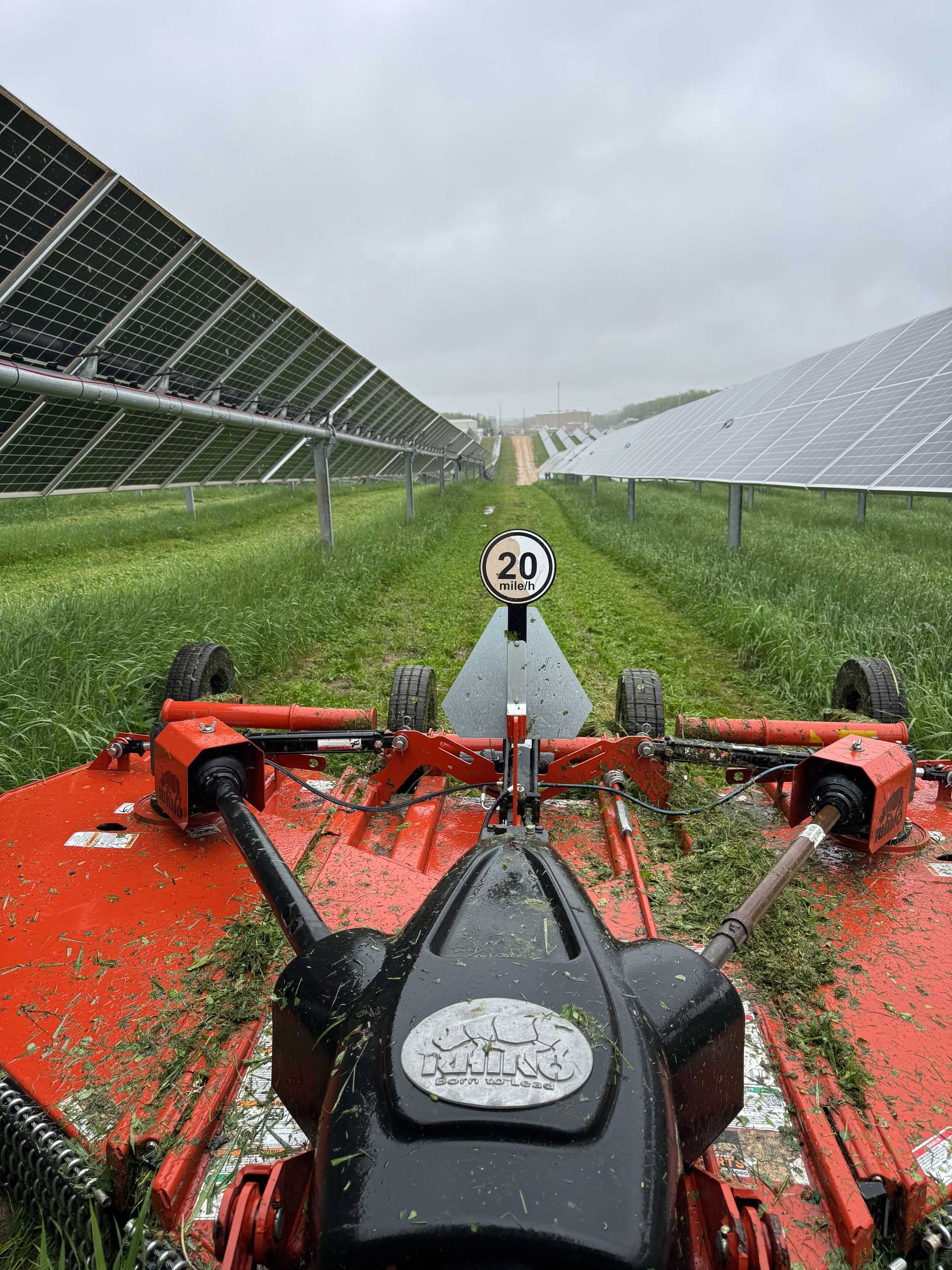 A first-person view from a red tractor mower cutting grass between rows of solar panels, with a 