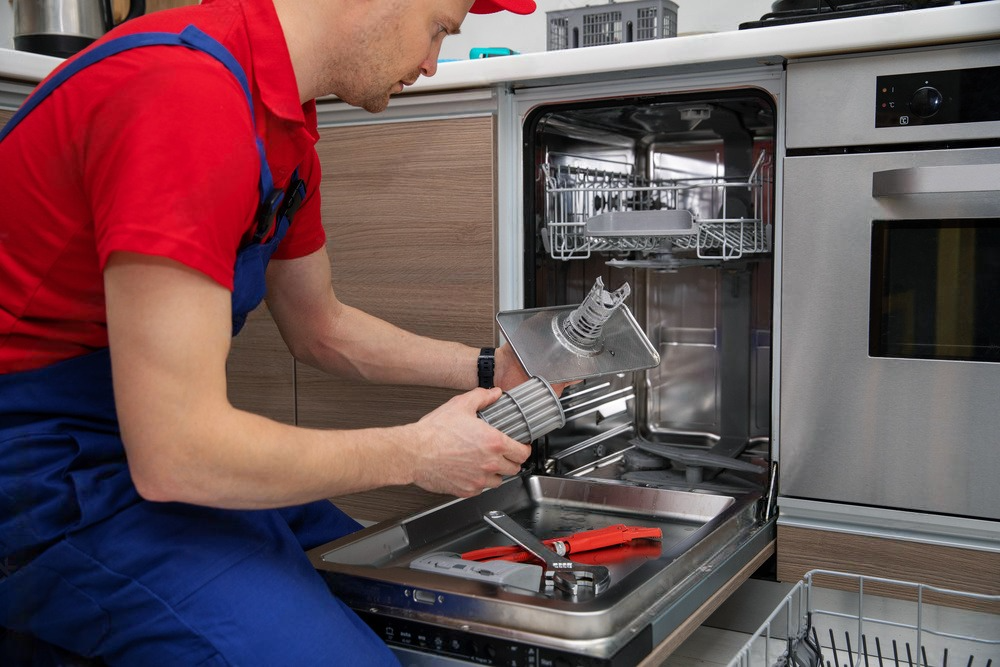 a man is fixing a dishwasher in a kitchen .