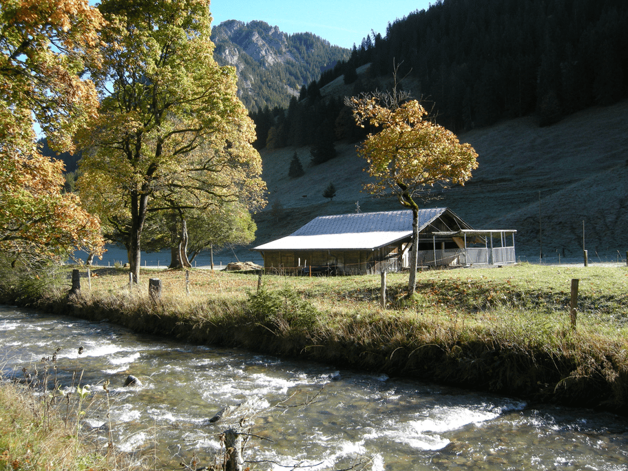 Ein Fluss fließt durch ein Feld mit einer Scheune im Hintergrund