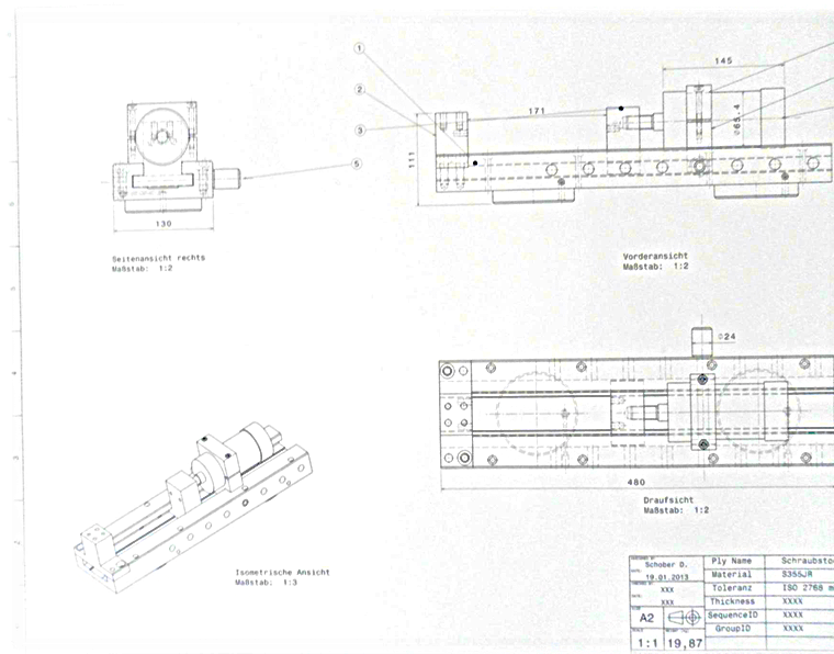 Technische Zeichnung einer mechanischen Vorrichtung