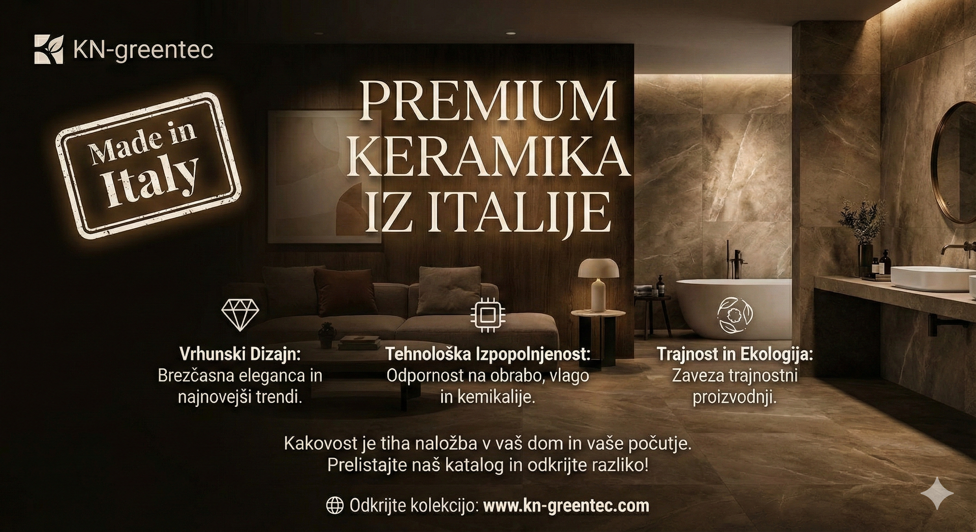 Oglas za italijansko vrhunsko keramiko v luksuznem kopalniškem okolju.