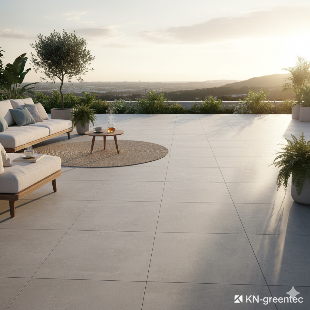 Zunanja terasa s svetlo sivimi ploščicami, modernim pohištvom in slikovitim razgledom na sončni zahod.
