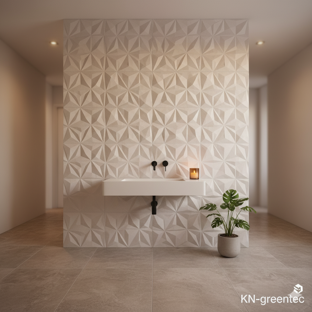 Moderna kopalnica z geometrijsko teksturirano steno, plavajočim umivalnikom, črno pipo in rastlino.