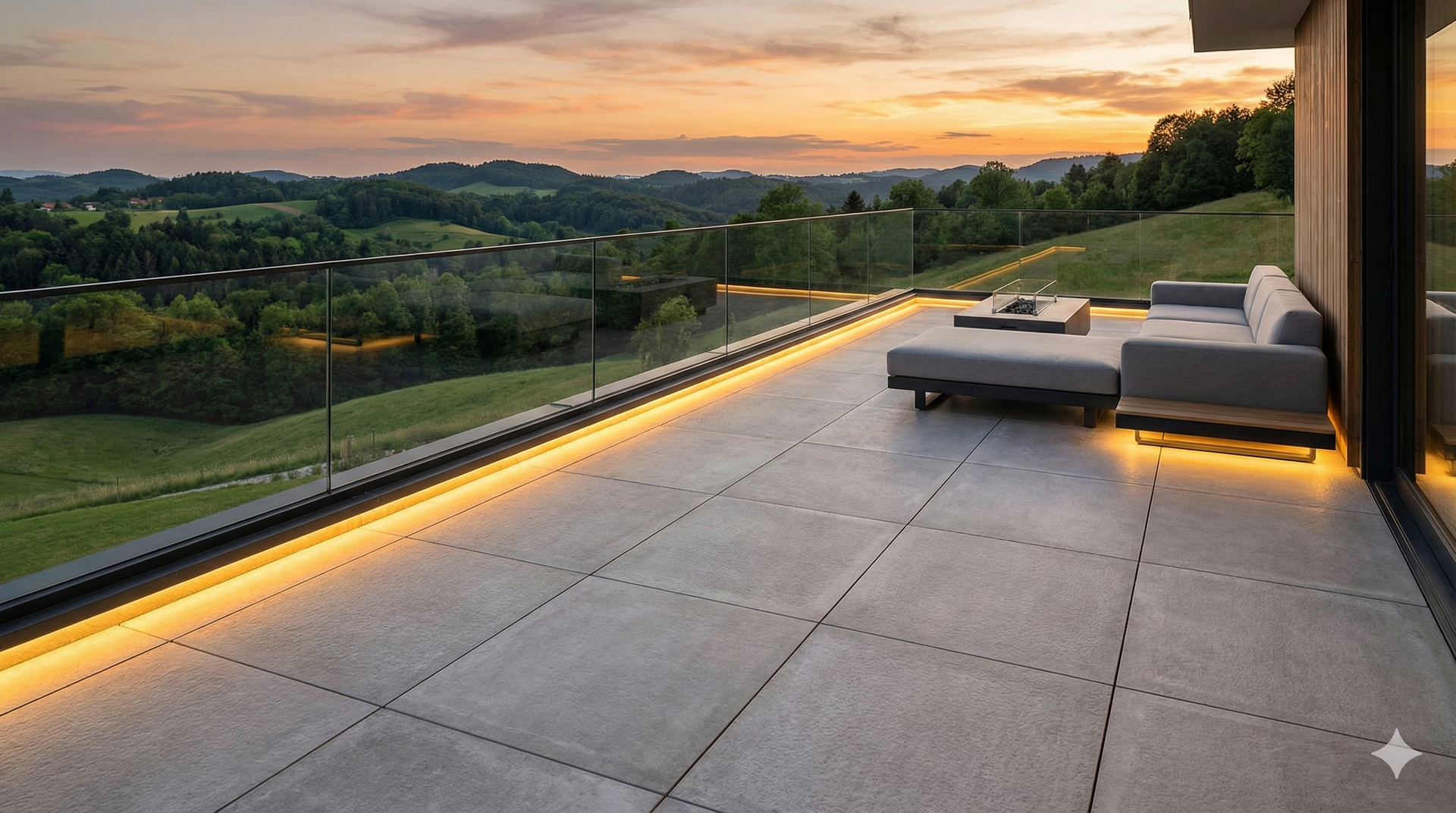 Terasa z moderno KN-greentec keramiko, s pogledom na zelene griče ob sončnem zahodu. Osvetljena s toplimi lučmi.