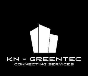 Bel logotip abstraktnih stavb in besedilo 