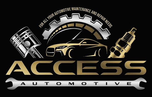Logo for Access Automotive with a car, piston, spark plug, and wrench on a black background.