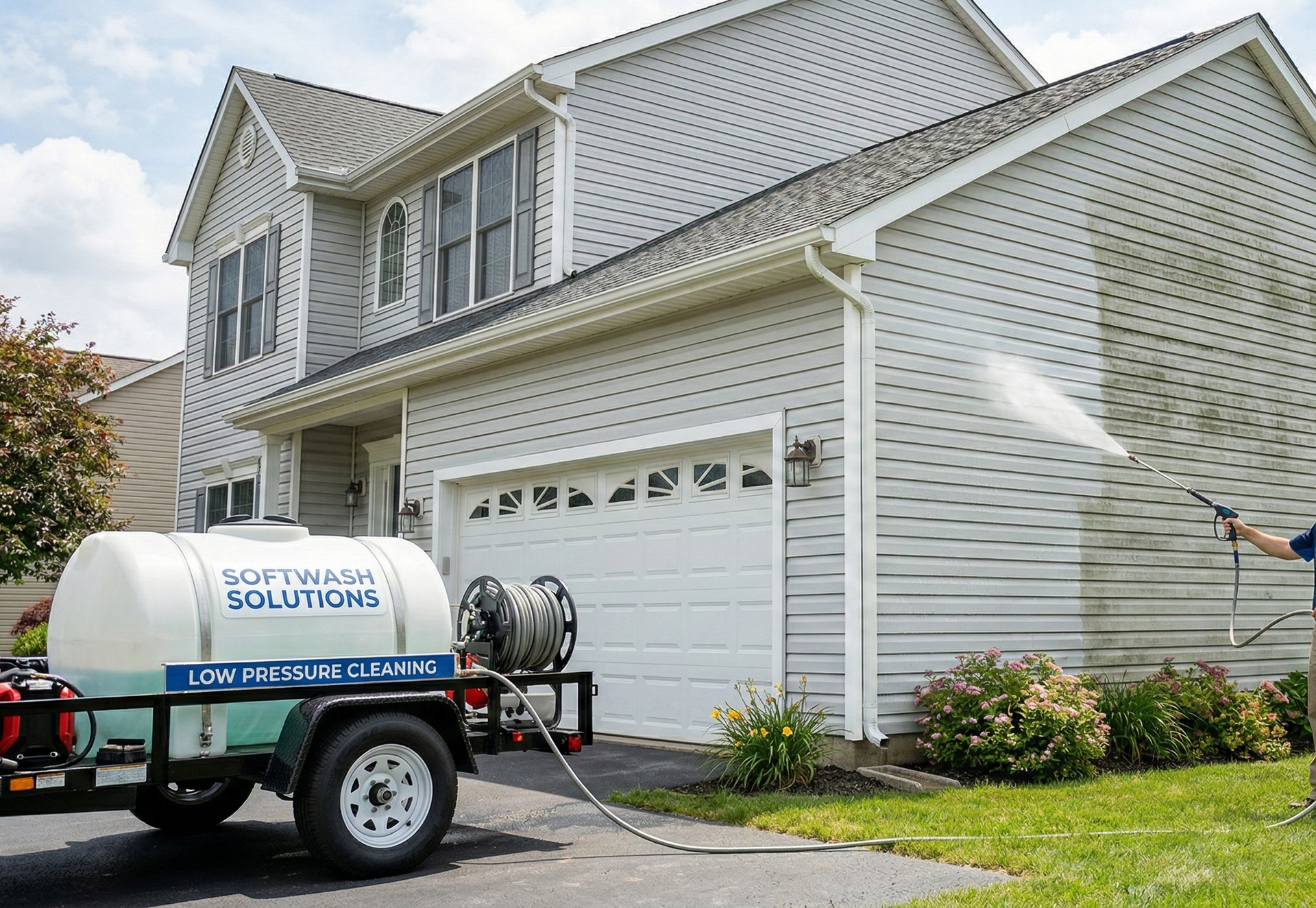 Man in blue gloves scrubs mold from white siding on a house.