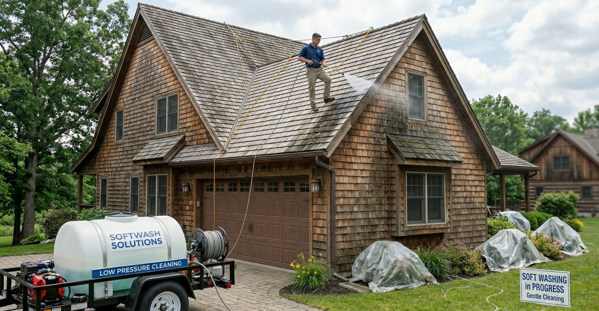 Gloved hand cleaning a leaf-filled gutter on a rooftop.