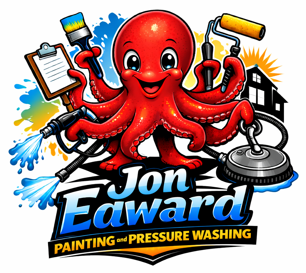 Red octopus with angry expression holding painting tools, logo for Jon Eaward Painting and Pressure Washing.