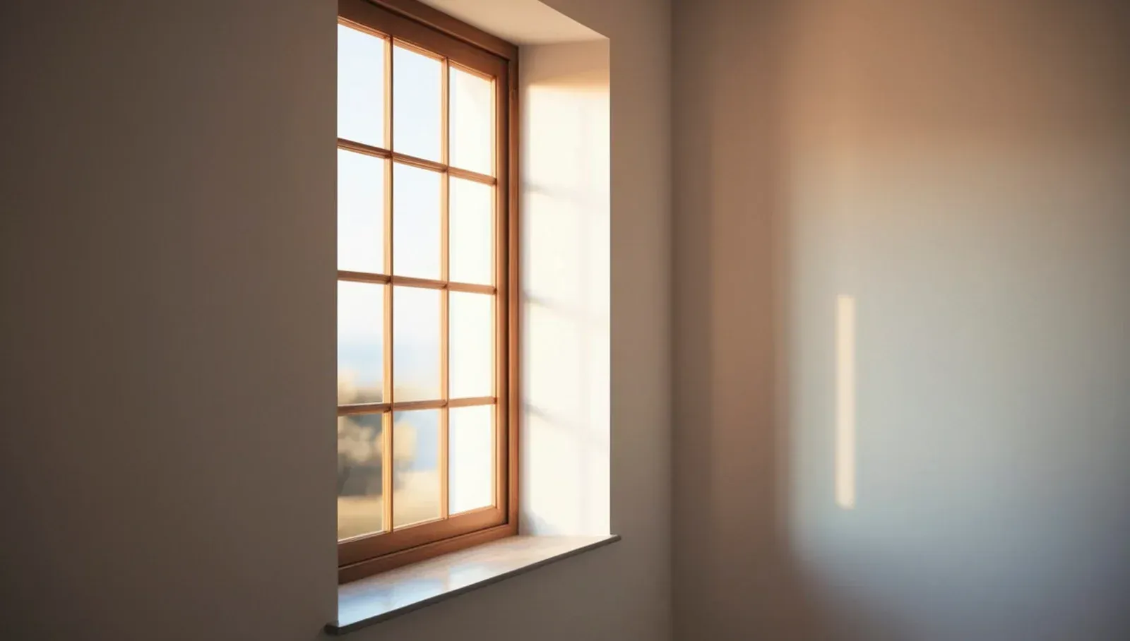 Window with sunlight illuminating a white-walled room, casting shadows and a warm glow on the interior.