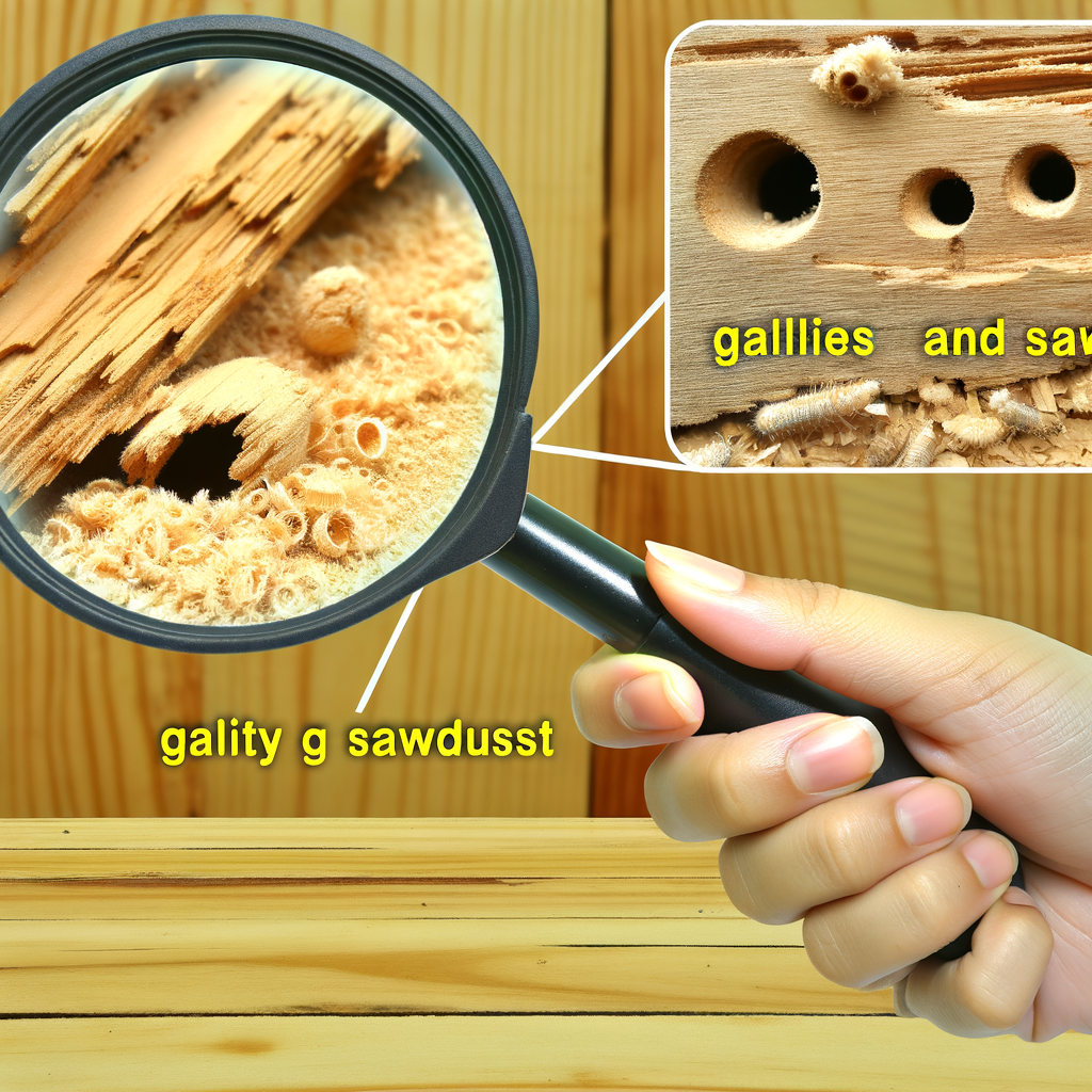 Loupe révélant des dommages au bois : trous, sciure et galles. Main tenant la loupe.