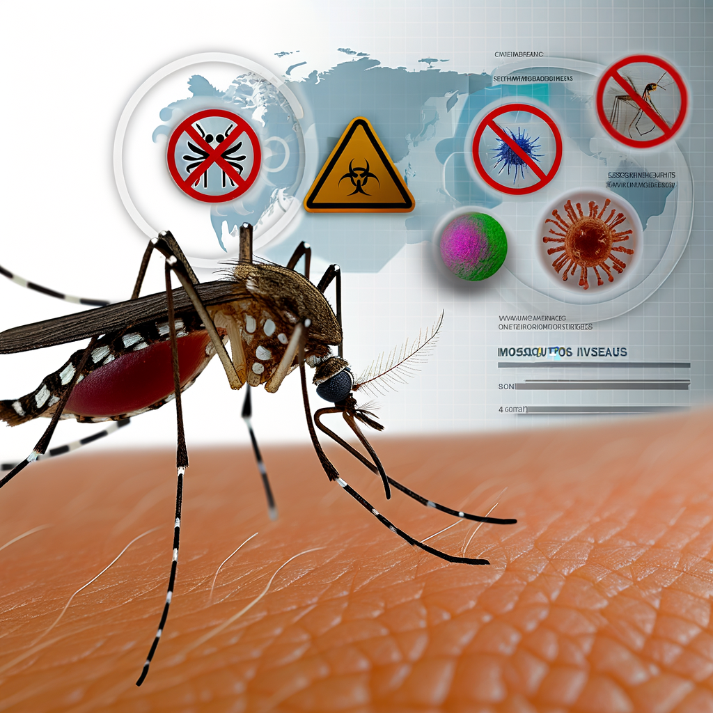 Un moustique pique une personne, avec des symboles de danger et une carte du monde en arrière-plan.