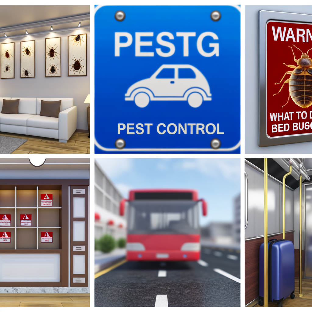 Collage : intérieur sur le thème des nuisibles, panneau de voiture, avertissement punaises de lit, étagère, bus, valise.