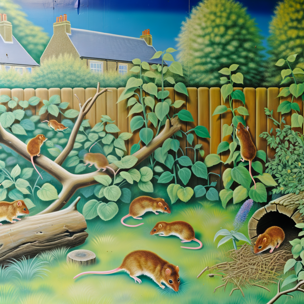 Souris dans une scène de jardin détaillée avec une clôture, des arbres et une maison en arrière-plan.