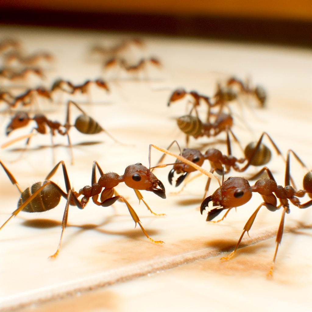 Fourmis brunes rampant sur une surface claire, vue rapprochée.