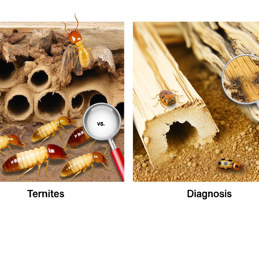 Présence de termites dans le bois vs. diagnostic des dégâts causés par les termites ; vue rapprochée avec une loupe montrant les détails.