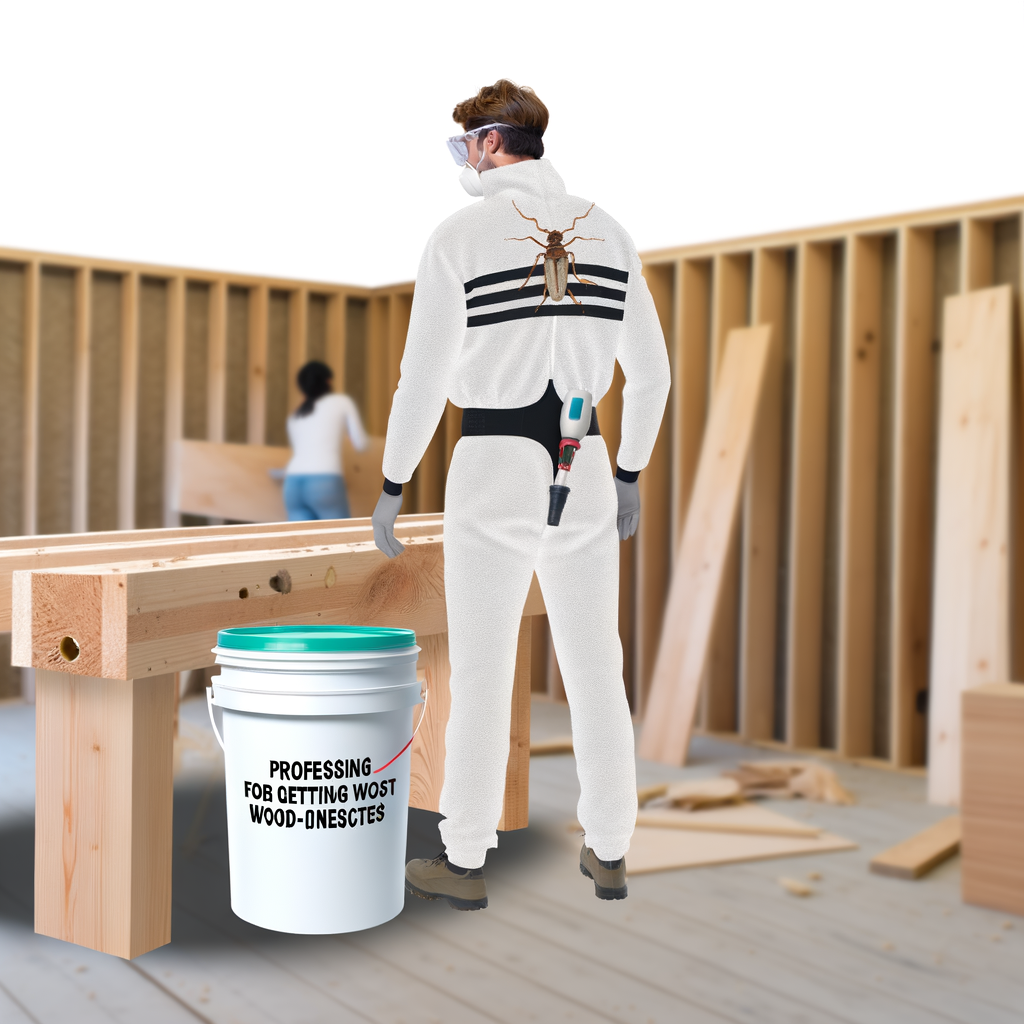 Une personne en combinaison blanche ornée d'un logo d'insecte, portant des lunettes de sécurité, se tient près d'un seau, à l'intérieur d'une structure à ossature bois ; une autre personne travaille à l'arrière-plan.