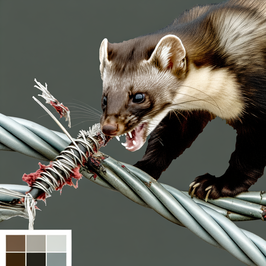 Une martre des pins mâchant un câble électrique endommagé ; fourrure foncée, dents découvertes, fond neutre.