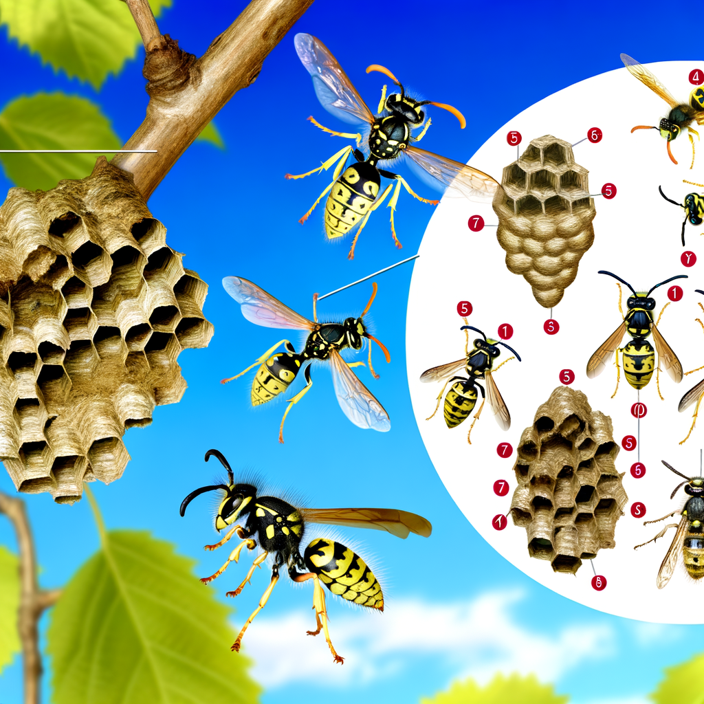 Guêpes volant près de nids en papier sur une branche. Gros plan montrant les nids et l'anatomie des guêpes.