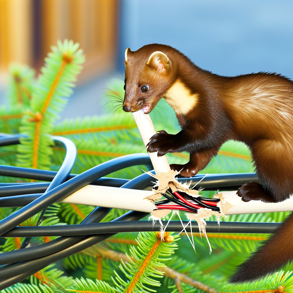 Martre brune des pins ronge un câble électrique blanc sur des branches de pin vertes ; à l'extérieur.