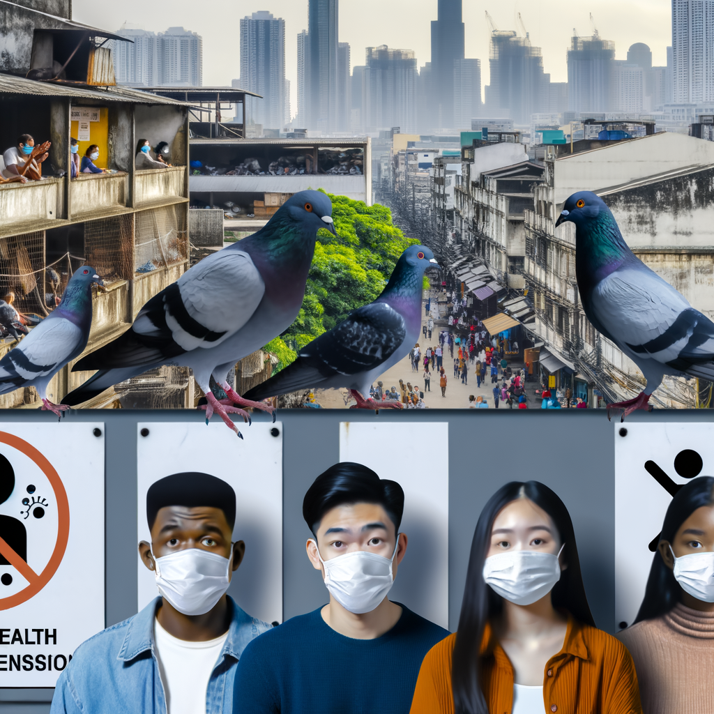 Cinq pigeons sur fond de paysage urbain, avec des personnes masquées en dessous, devant des panneaux d'avertissement sanitaire.