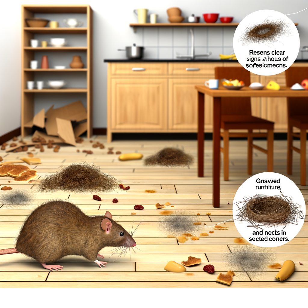 Un rat dans une cuisine jonchée de miettes, d'excréments et de désordre. Signes d'infestation visibles.
