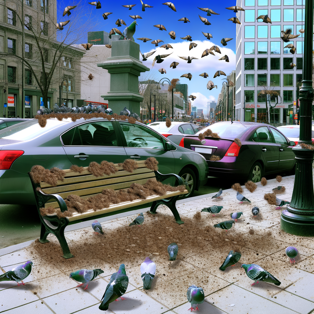 Des pigeons recouvrent un banc, des voitures et le sol dans une scène urbaine. Ciel bleu, bâtiments en arrière-plan.