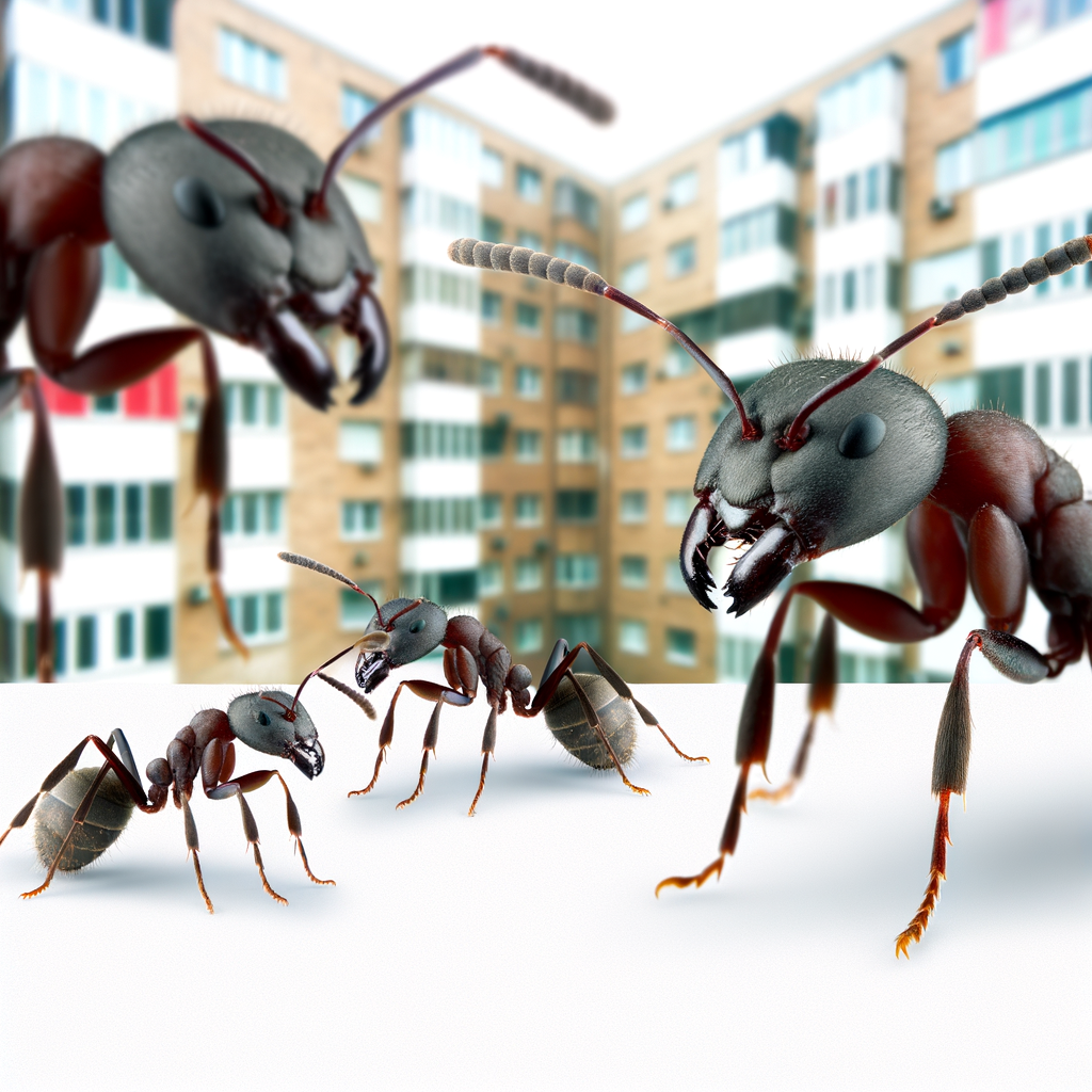 Fourmis géantes près d'un bâtiment, l'une d'elles au premier plan. Les fourmis semblent inspecter la structure.