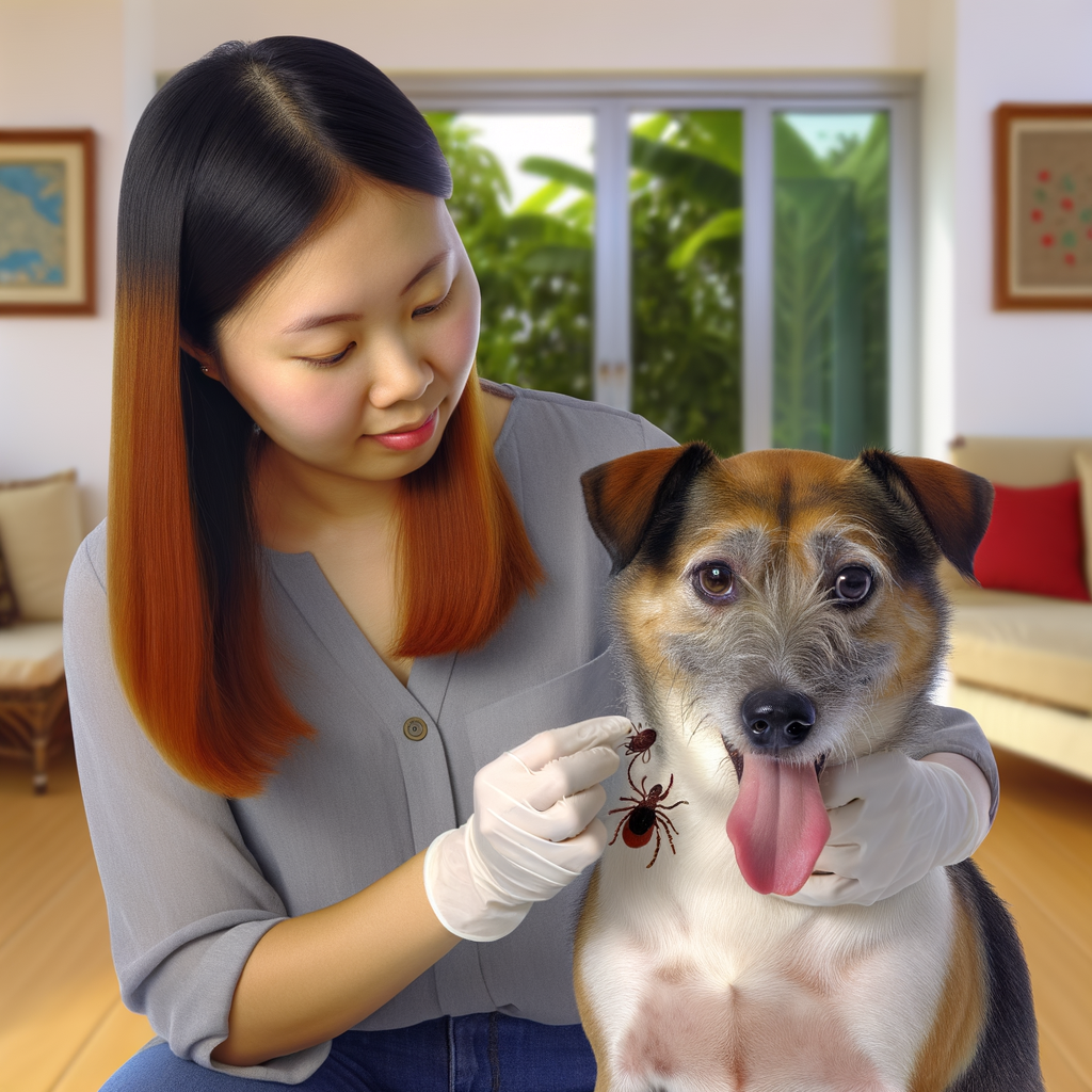 Une femme gantée examine un chien à la recherche de tiques à l'intérieur d'une maison.