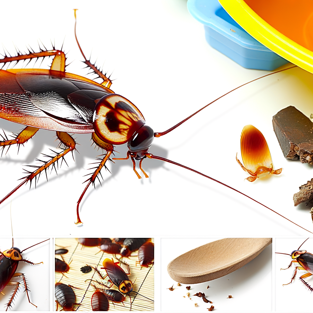 Cafard sur une surface blanche près de débris alimentaires et de récipients.