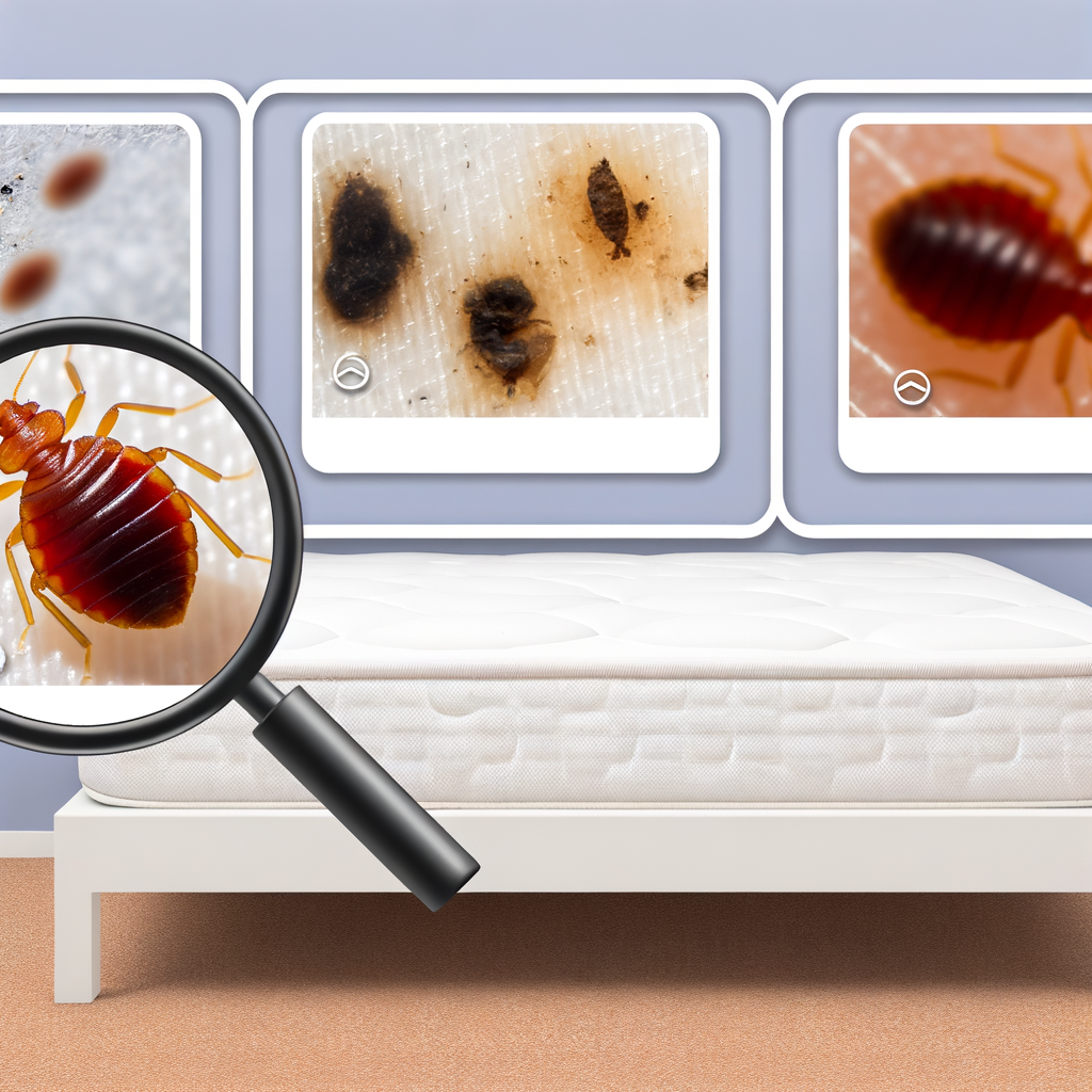 Inspection de punaises de lit : punaise grossie sur un matelas, avec photos insérées de punaises et de résidus.