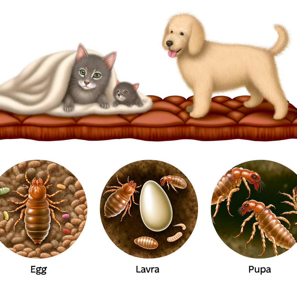 Dessin humoristique représentant un chaton et un chien sur un lit, avec des illustrations de puces : œuf, larve et pupe.