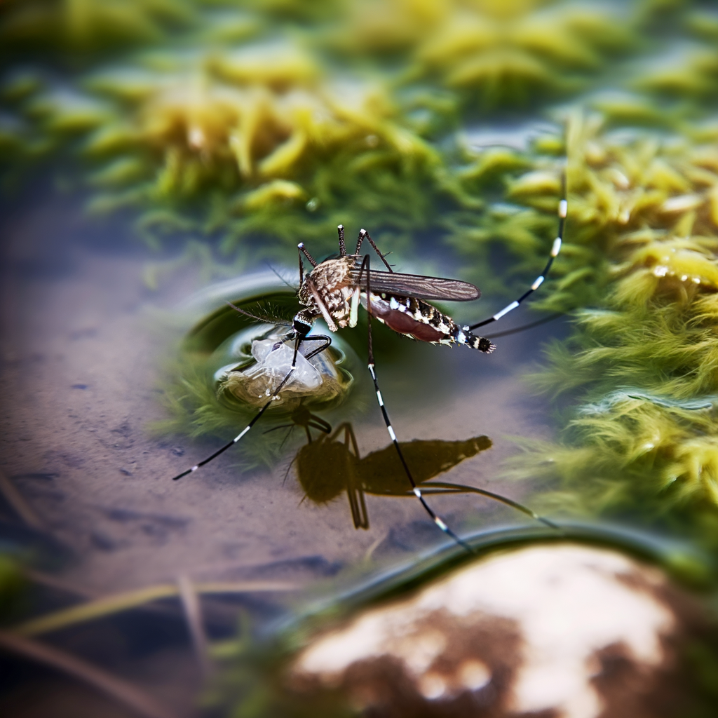 Moustique aux pattes rayées de noir et de blanc, se nourrissant d'eau, projetant une ombre à la surface.