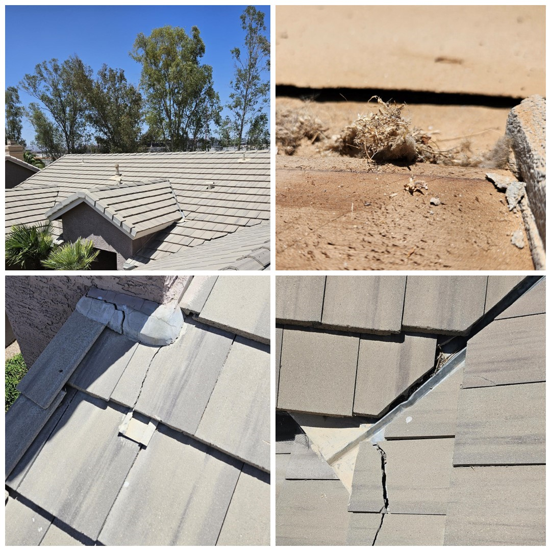 A roof with a lot of shingles and a hole in it.