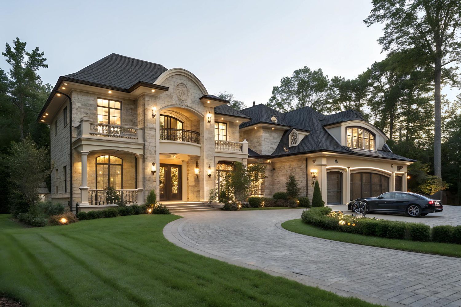 Luxurious stone house with a curved driveway, a car parked outside the garage, and surrounding trees.
