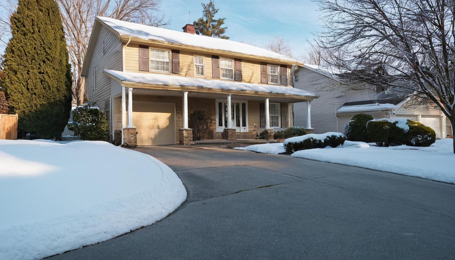 Two-story beige house with snow-covered roof and porch. Driveway covered in snow.