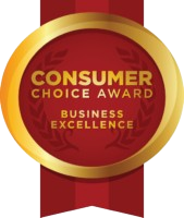 Consumer Choice Award badge, red and gold, for business excellence.