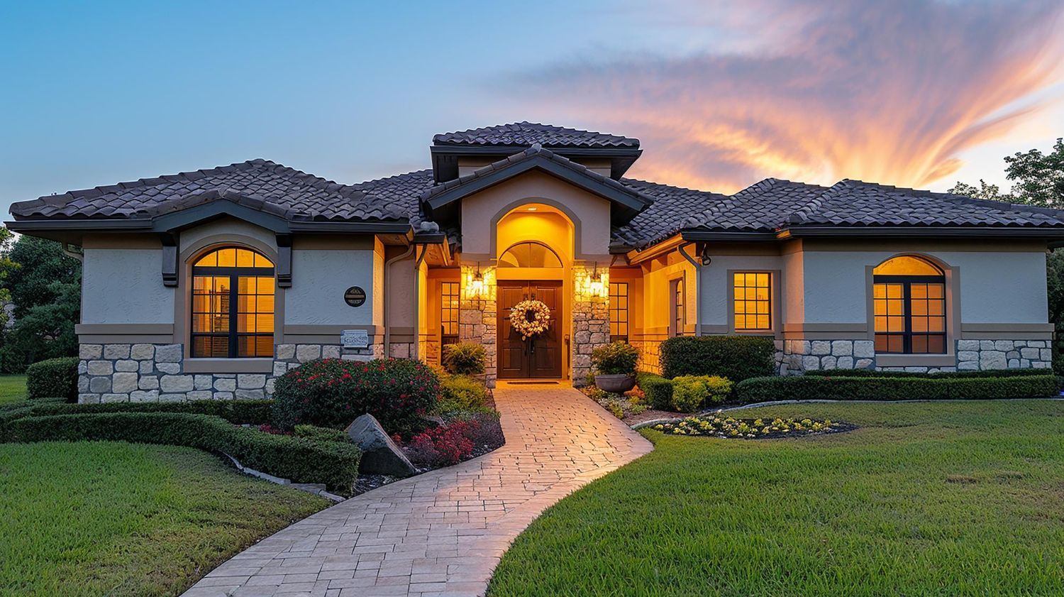 Elegant single-story home with stone accents, arched windows, and a winding walkway, under a colorful sunset.