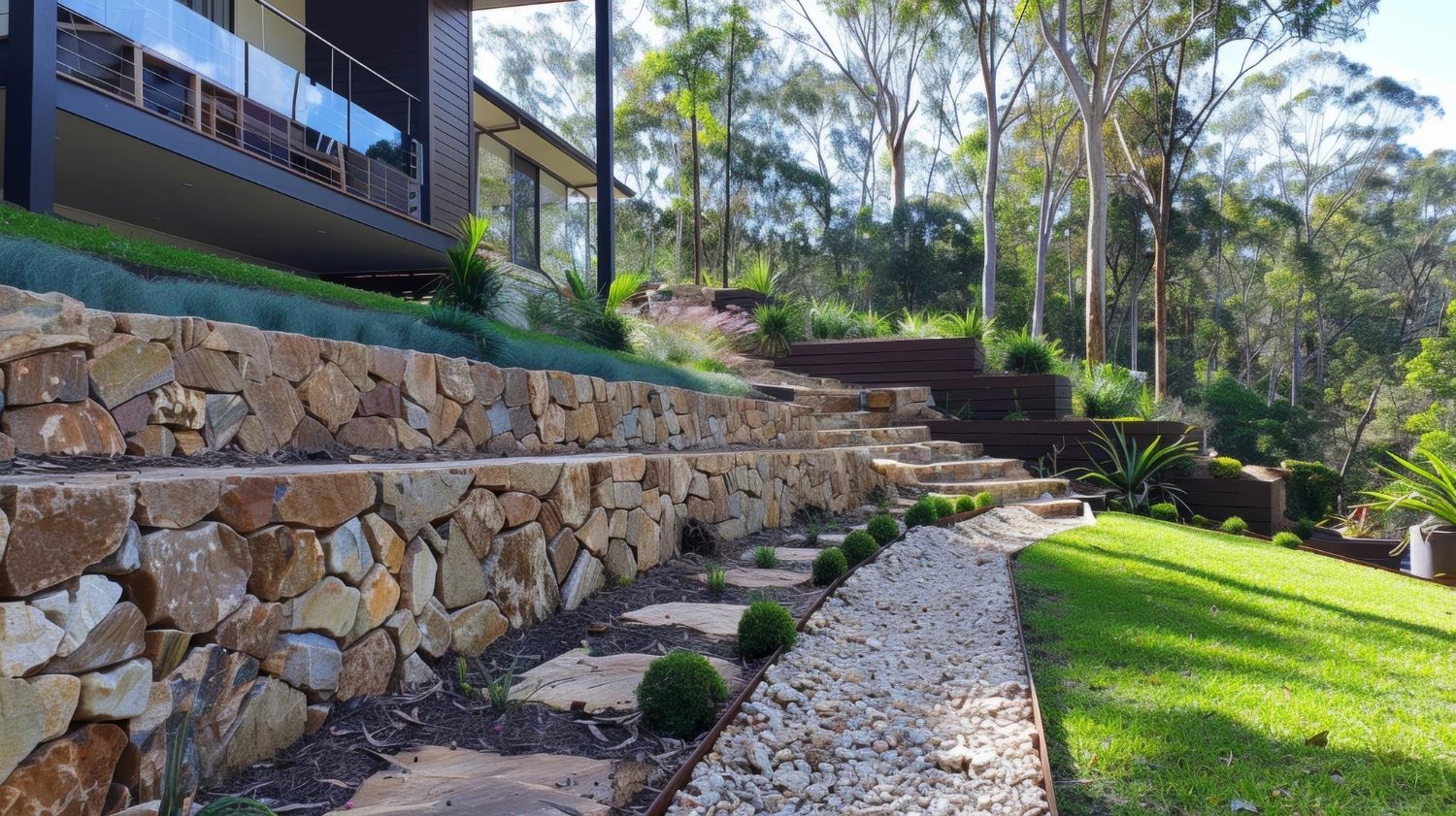 Stone retaining walls and steps lead up a hillside garden beside a modern house.