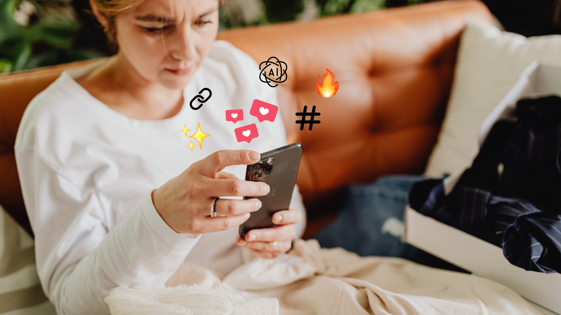 Woman looking at phone with social media icons floating above. Brown leather couch in background.