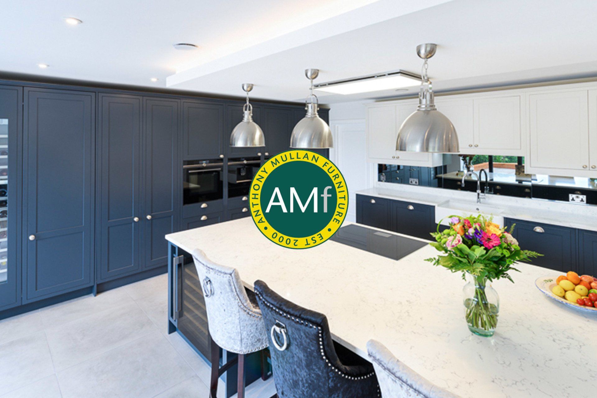 A kitchen with a large island and a sign that says amf