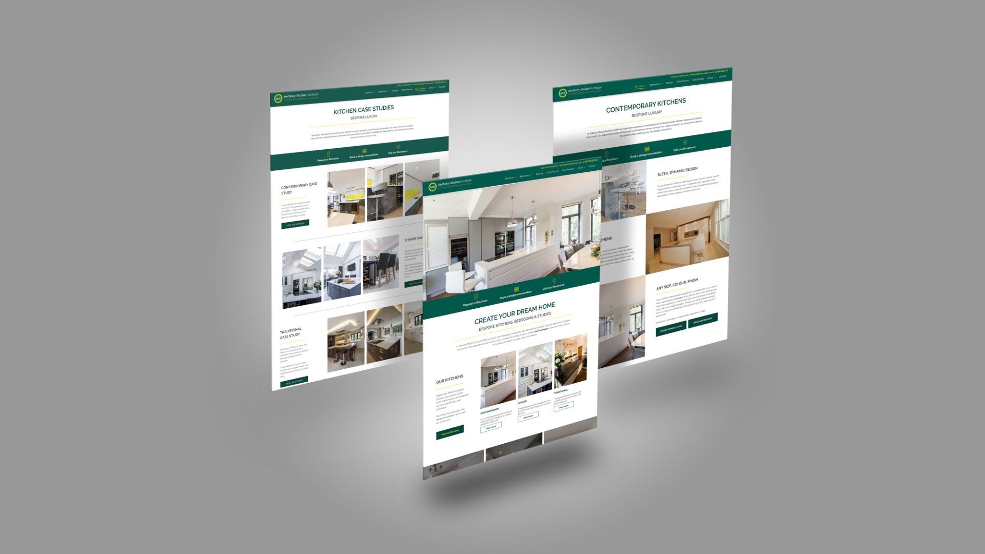 Three pages of Anthony Mullan Furniture's website