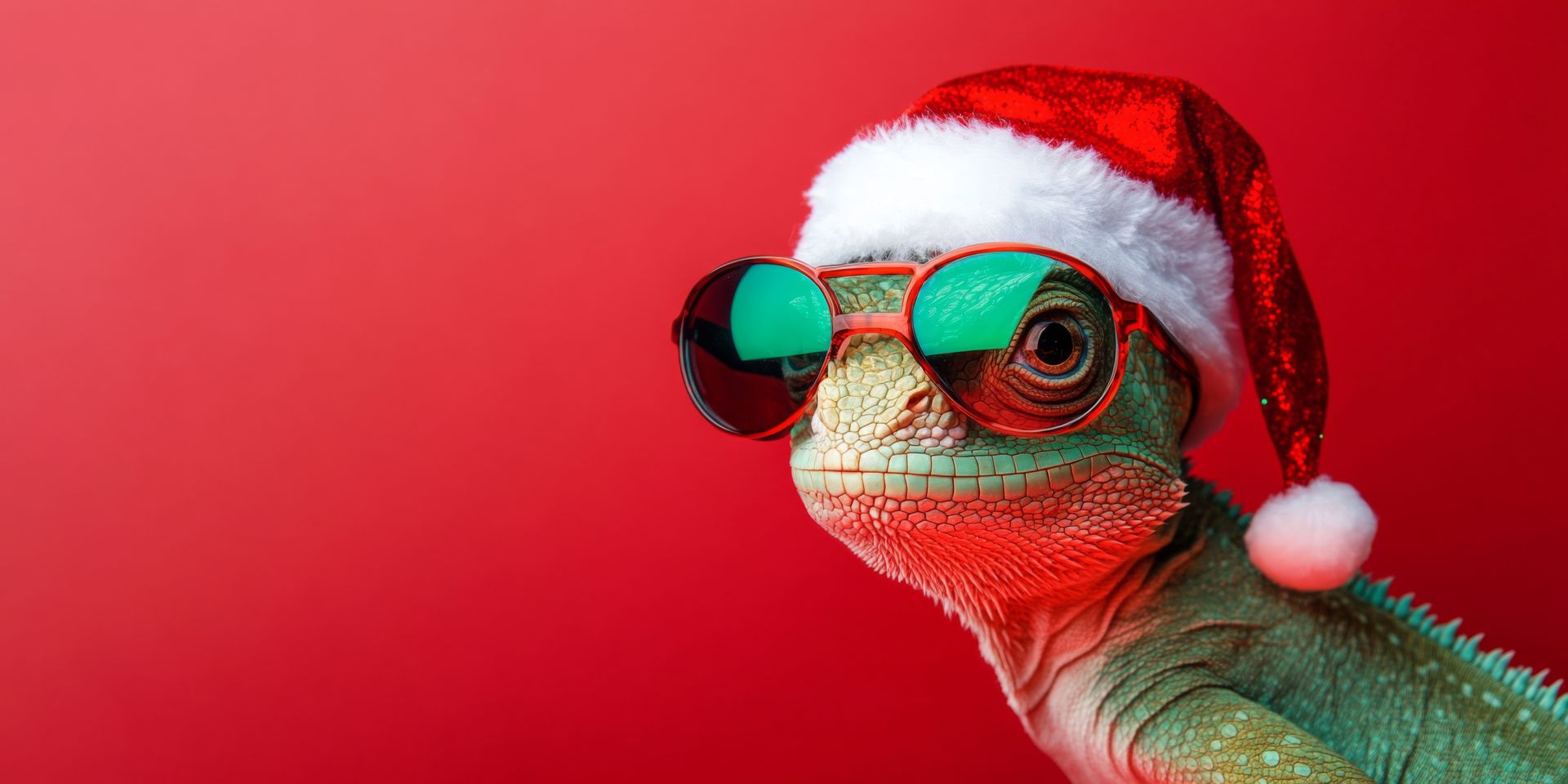 A chameleon wearing a santa hat and sunglasses on a red background.