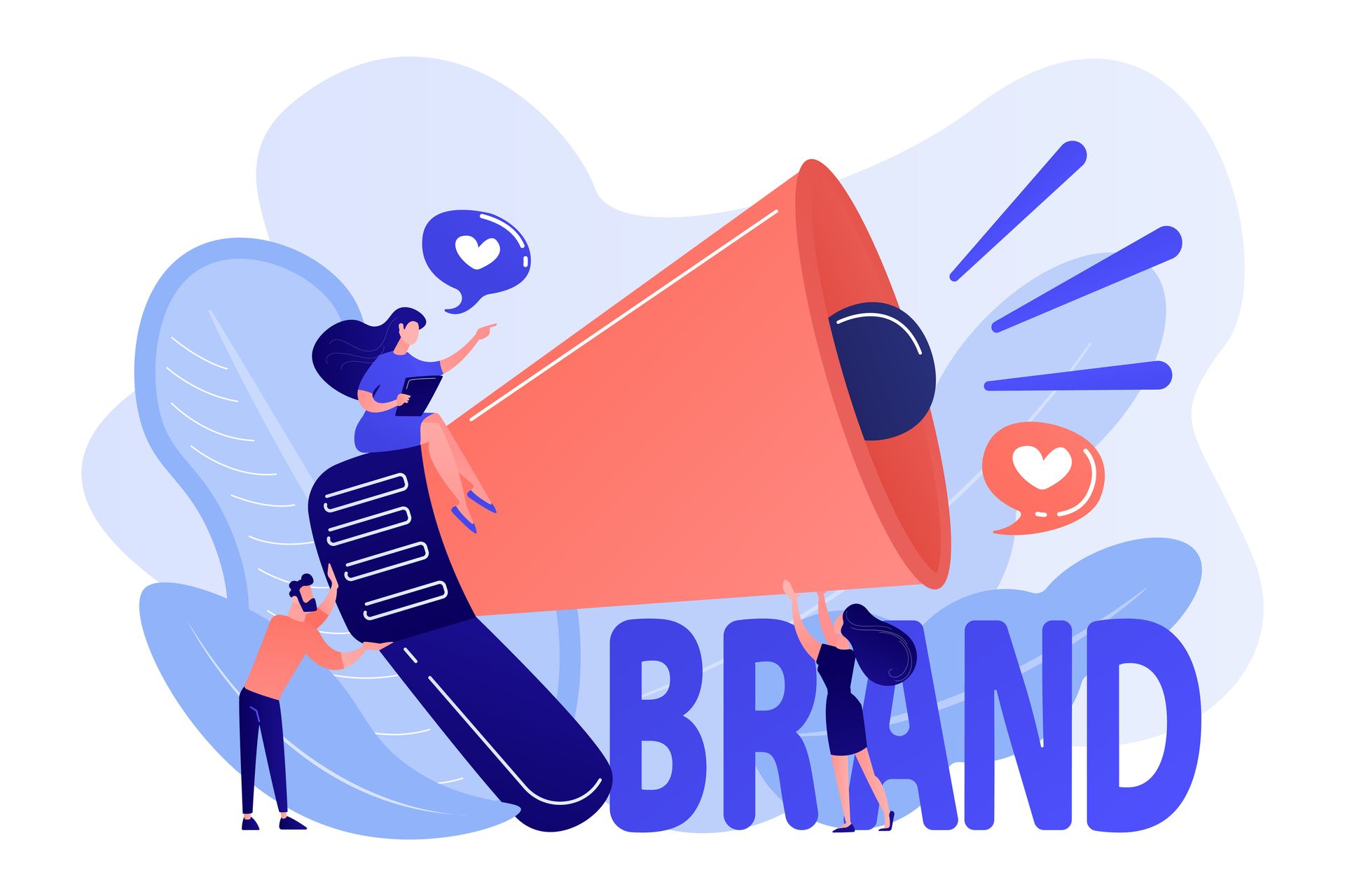 Cartoon infographic of people using a giant megaphone to shout 'brand'