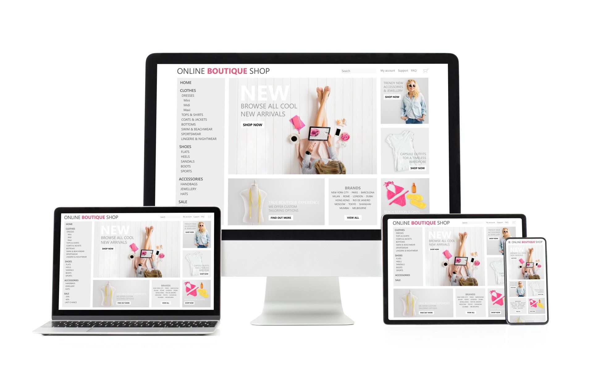 Online boutique shop website open on desktop, laptop, tablet and smartphone