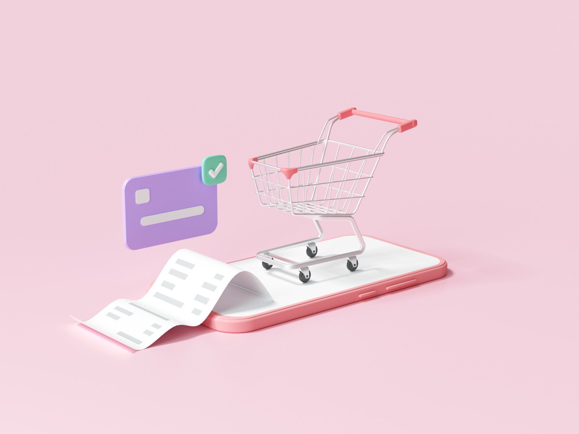 Graphic of a shopping cart resting on top of a phone screen with a receipt flowing out of it