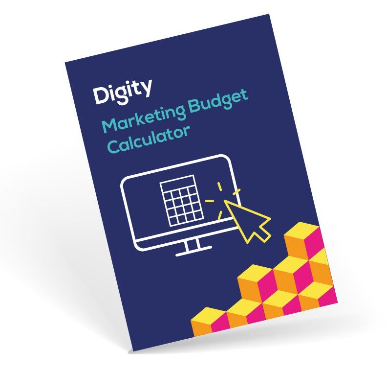 A digital marketing budget calculator with a computer on the cover