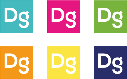 A set of colorful squares with the letters dg on them.