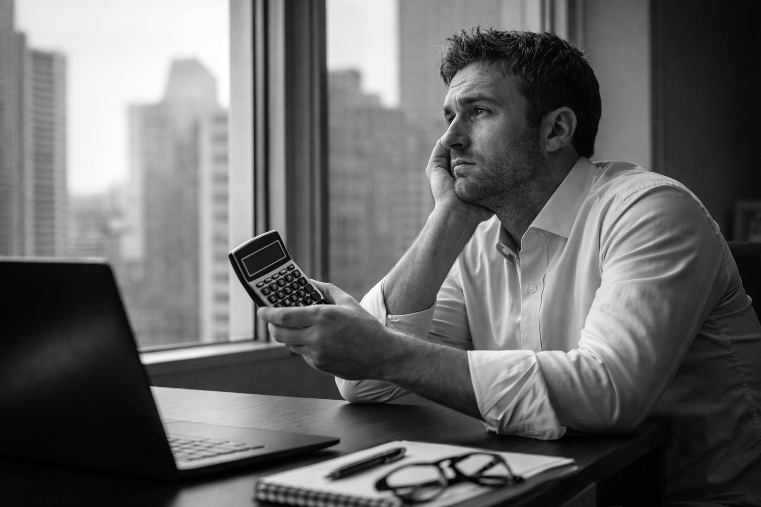 Business owner looking out of a window