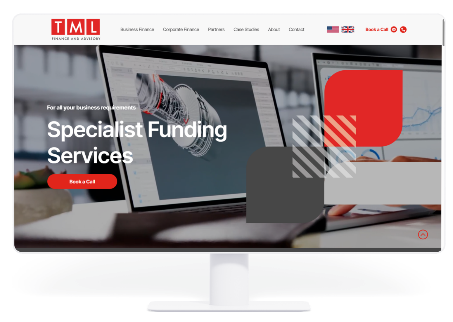 Desktop computer monitor displaying the TML Specialist Funding Services website homepage.